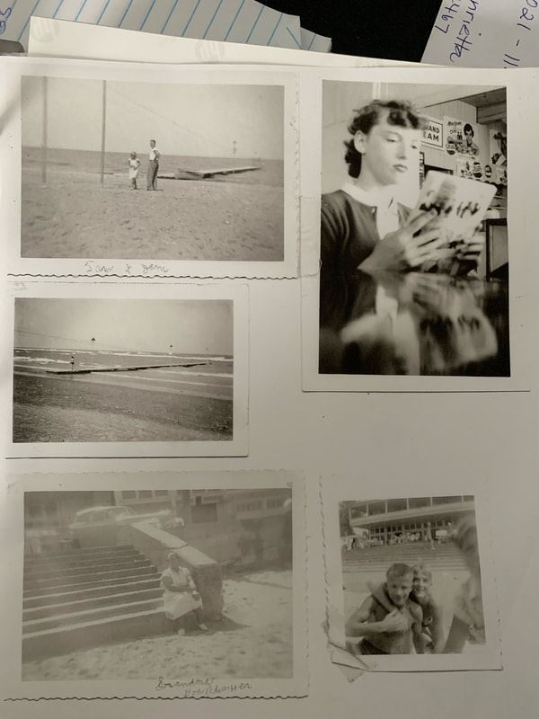 Black and white photos of people at the beach from an album